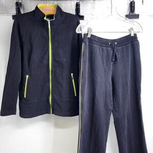 Style & Co Sport Petite Medium Tracksuit Set Jacket & Pants Black w Green Trim